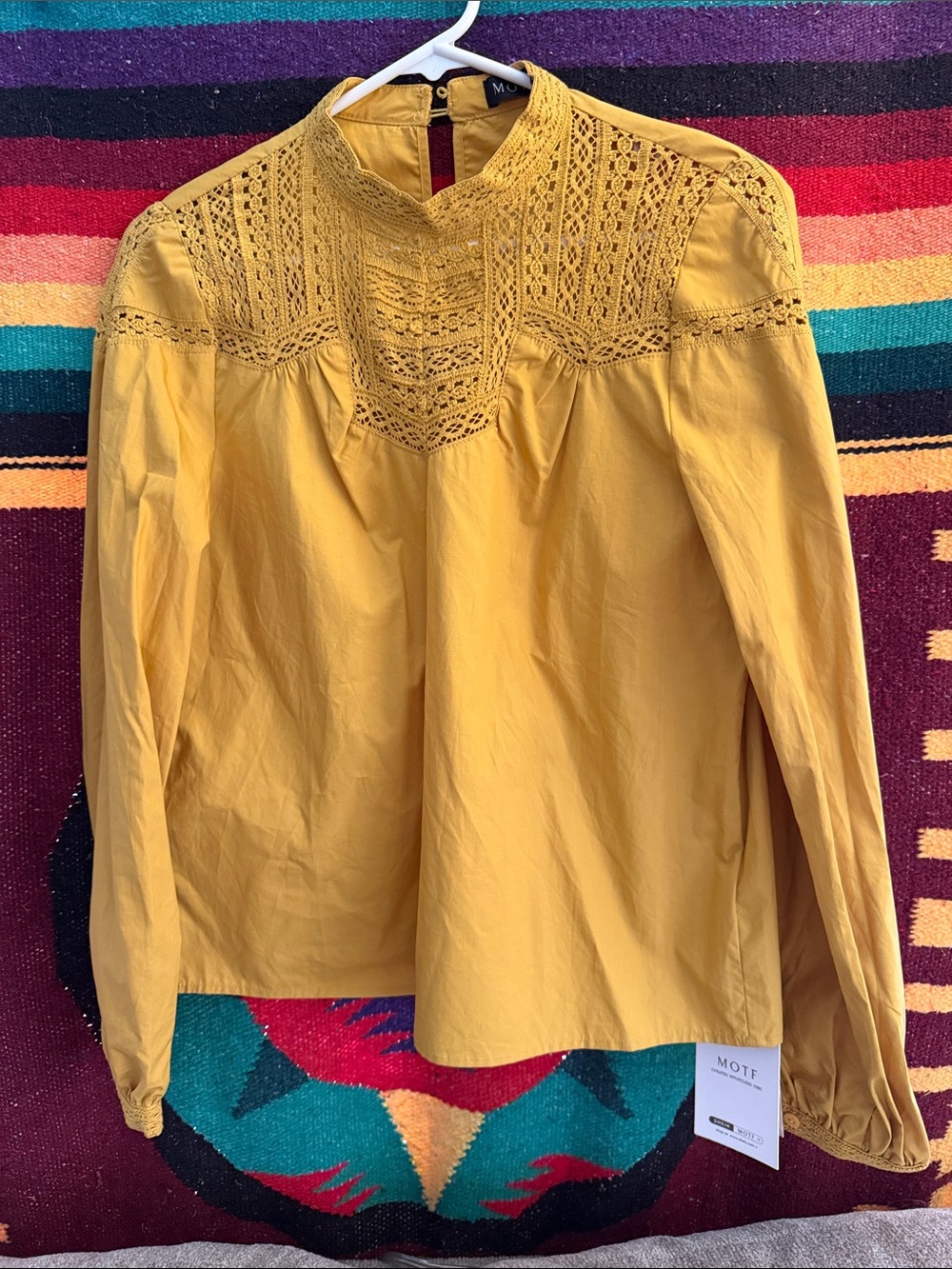MOTF Mustard Lace-Yoke Long Sleeve cotton Blouse